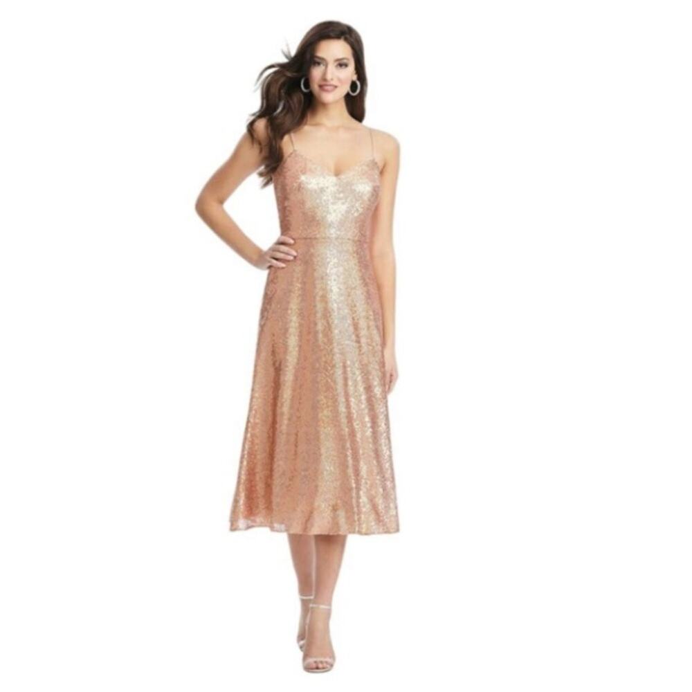 NWT Dessy Collection Elle Sequin Rose Gold Midi Dress‎ Sz 2